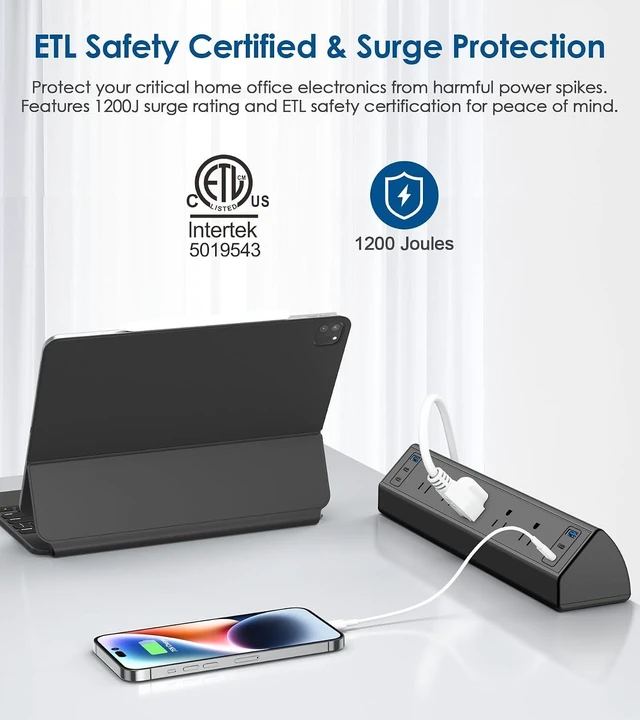 Alt view image 5 of 7 - Desk Clamp Power Strip USB C,40W Total Fast Charging Station,4 PD 20W USB C Ports,Desk Edge Mount Surge Protector,5 Outlets,Fit 1.96" Tabletop Edge,ETL Listed