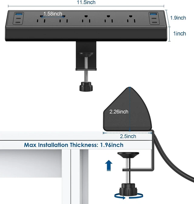Alt view image 7 of 7 - Desk Clamp Power Strip USB C,40W Total Fast Charging Station,4 PD 20W USB C Ports,Desk Edge Mount Surge Protector,5 Outlets,Fit 1.96" Tabletop Edge,ETL Listed