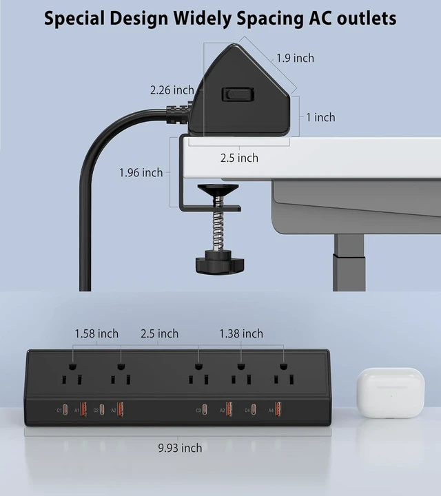 Alt view image 7 of 7 - Desk Clamp Power Strip,Edge Mount,4 USB C,65W,1200J, 4 USB-C Ports,Fit 1.96'' Tabletop,1875W Extension Cord,ETL Listed,Outlet Extender Desk Organizer,Office,Gaming,Dorm