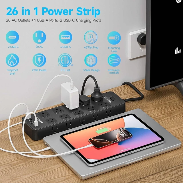 Alt view image 3 of 7 - 20AC Power Strip with USB Ports, Heavy Duty Surge Protector Power Strip 15 Amp, 6Ft Extension Cord with Multiple Outlets