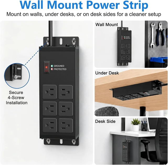 Alt view image 7 of 7 - 2500J Heavy Duty Surge Protector Power Strip 6 Outlets, Metal, 4FT Black Grounded & Protected Lights, Mountable, Overload Protection Switch, 15A/1875W, 14AWG Flat Plug Extension Cord for Workshop