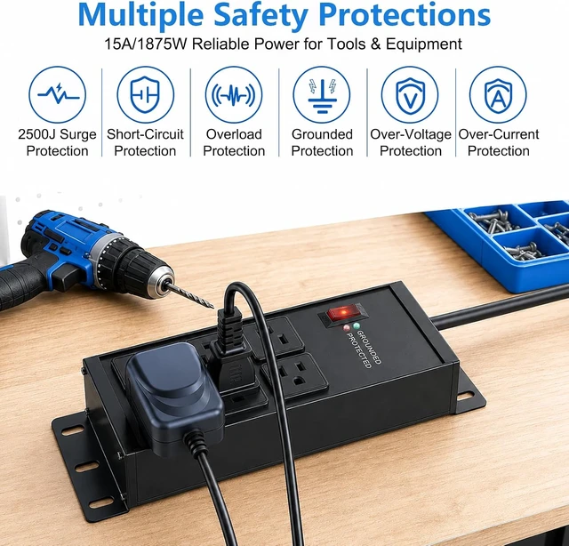 Alt view image 4 of 7 - 2500J Heavy Duty Surge Protector Power Strip 6 Outlets, Metal, 4FT Black Grounded & Protected Lights, Mountable, Overload Protection Switch, 15A/1875W, 14AWG Flat Plug Extension Cord for Workshop