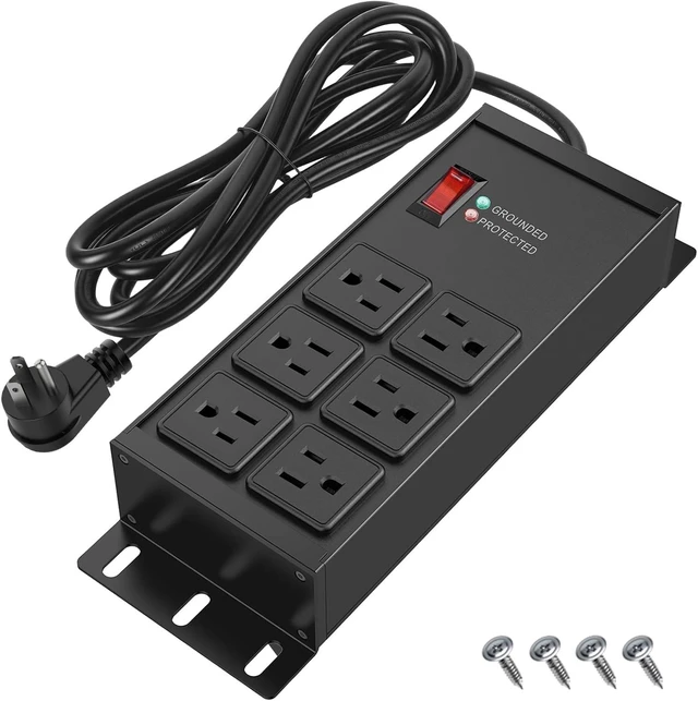 Main image of 2500J Heavy Duty Surge Protector Power Strip 6 Outlets, Metal, 4FT Black Grounded & Protected Lights, Mountable, Overload Protection Switch, 15A/1875W, 14AWG Flat Plug Extension Cord for Workshop