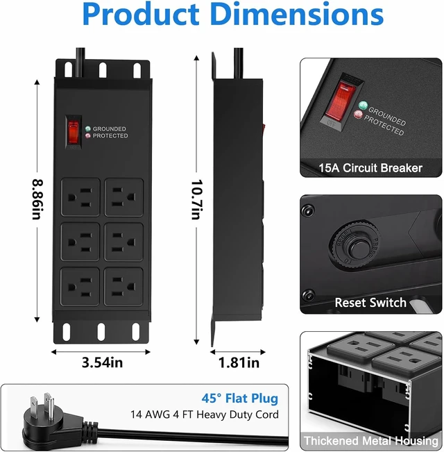 Alt view image 2 of 7 - 2500J Heavy Duty Surge Protector Power Strip 6 Outlets, Metal, 4FT Black Grounded & Protected Lights, Mountable, Overload Protection Switch, 15A/1875W, 14AWG Flat Plug Extension Cord for Workshop
