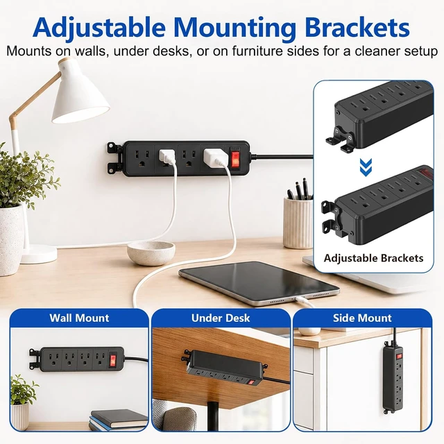 Alt view image 4 of 7 - 4 Outlet Small Power Strip, Black, Mountable, 6 ft Cord, Wall Mount, Overload Protection Switch, 16AWG Flat Plug Extension Cord, for Home, Office, School, ETL Listed
