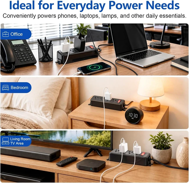 Alt view image 5 of 7 - 4 Outlet Small Power Strip, Black, Mountable, 6 ft Cord, Wall Mount, Overload Protection Switch, 16AWG Flat Plug Extension Cord, for Home, Office, School, ETL Listed