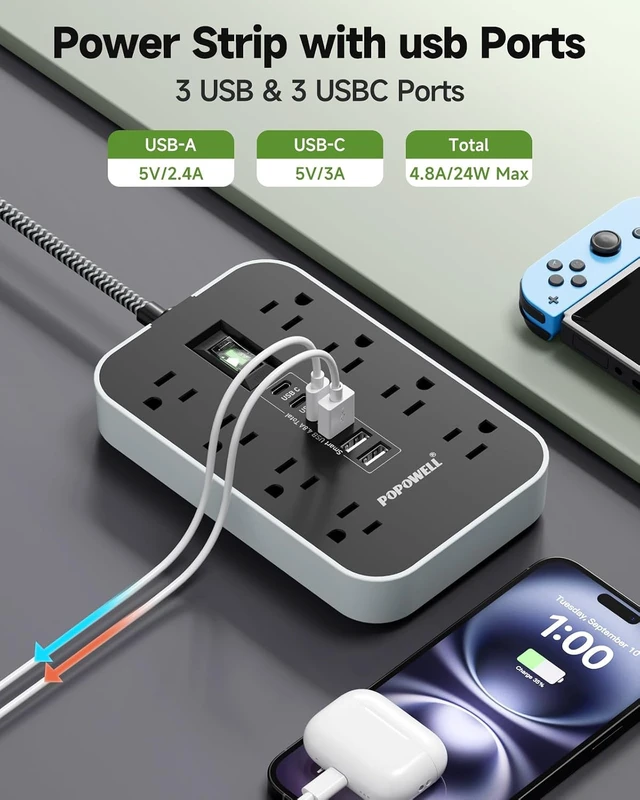Alt view image 6 of 7 - Power Strip Surge Protector- 5FT Flat Plug Extension Cord, 8 AC Outlet& 6 USB Ports(3 USB C), 1080 J Surge Protection, Desk Charging Station, Overload Switch, Home, Office, Gaming Room Essentials.