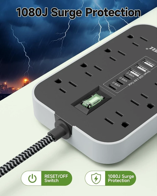 Alt view image 3 of 7 - Power Strip Surge Protector- 5FT Flat Plug Extension Cord, 8 AC Outlet& 6 USB Ports(3 USB C), 1080 J Surge Protection, Desk Charging Station, Overload Switch, Home, Office, Gaming Room Essentials.