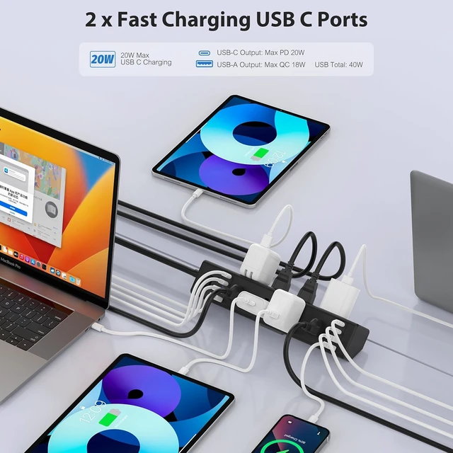 Alt view image 5 of 7 - Desk Clamp Power Strip 40W USB C,8 Outlets,8 USB, 6FT,Black, 40W Fast Charging Station,4 USB-C,4 USB-A,Furniture Nightstand Edge Mount Surge Protector, Fits 1.9" Tabletop Edge