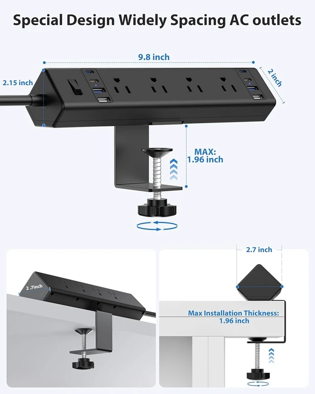 Alt view image 3 of 7 - Desk Clamp Power Strip 40W USB C,8 Outlets,8 USB, 6FT,Black, 40W Fast Charging Station,4 USB-C,4 USB-A,Furniture Nightstand Edge Mount Surge Protector, Fits 1.9" Tabletop Edge