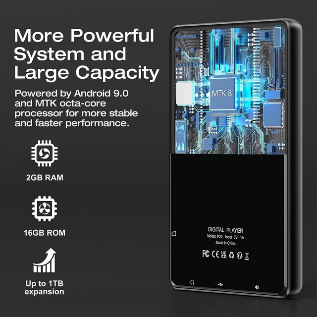 Alt view image 3 of 7 - Android 14 MP3 Player with Bluetooth and WiFi, Android Spotify Music Player for Pandora, Amazon Music, Audible.16GB Memory,4" Touchscreen, Speaker, Supports Play Store,Up to 1TB