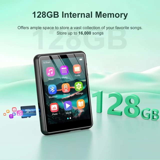 Alt view image 2 of 7 - 128GB MP3 Player with Bluetooth 5.4, HiFi Digital Music Player with 2.4" Touch Screen & Built-in Speaker, Portable Lossless Audio Player with FM Radio, Voice Recorder, E-Book, Wired Earphones Included