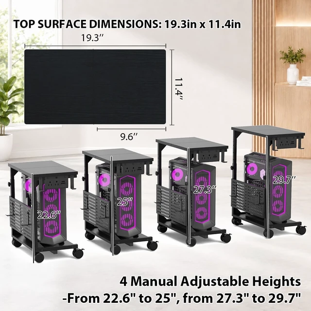 Alt view image 6 of 7 - Adjustable Computer Tower Stand with Charging Station & Pegboard, Heavy Duty PC Gaming Stand Tower with Wheels, 22.6"-29.7" H, Gaming Home Office Flexible Workstation Cart with 4 Hooks
