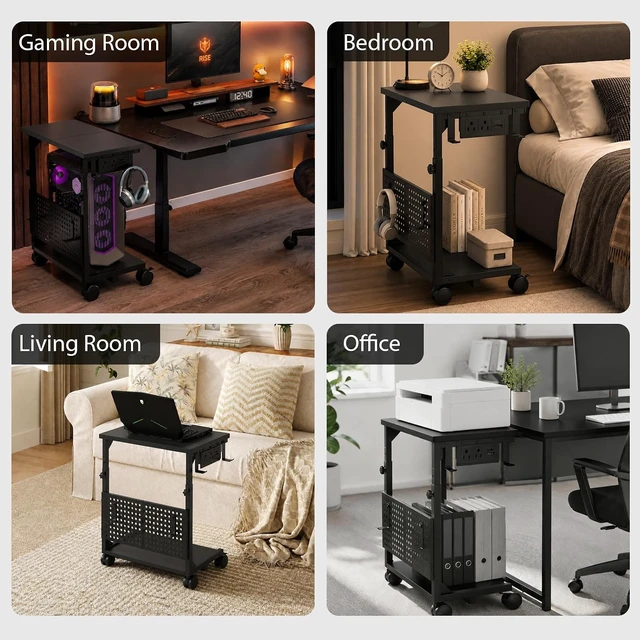 Alt view image 4 of 7 - Adjustable Computer Tower Stand with Charging Station & Pegboard, Heavy Duty PC Gaming Stand Tower with Wheels, 22.6"-29.7" H, Gaming Home Office Flexible Workstation Cart with 4 Hooks