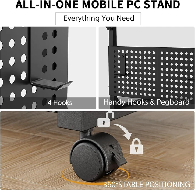 Alt view image 7 of 7 - Adjustable Computer Tower Stand with Charging Station & Pegboard, Heavy Duty PC Gaming Stand Tower with Wheels, 22.6"-29.7" H, Gaming Home Office Flexible Workstation Cart with 4 Hooks