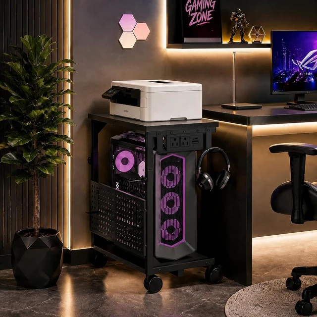 Alt view image 5 of 7 - Adjustable Computer Tower Stand with Charging Station & Pegboard, Heavy Duty PC Gaming Stand Tower with Wheels, 22.6"-29.7" H, Gaming Home Office Flexible Workstation Cart with 4 Hooks