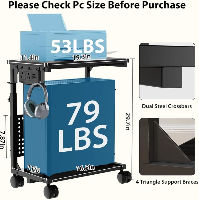 Alt view image 2 of 7 - Adjustable Computer Tower Stand with Charging Station & Pegboard, Heavy Duty PC Gaming Stand Tower with Wheels, 22.6"-29.7" H, Gaming Home Office Flexible Workstation Cart with 4 Hooks