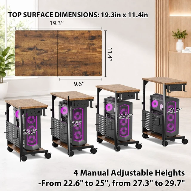 Alt view image 5 of 7 - Adjustable Computer Tower Stand with Charging Station & Pegboard, Heavy Duty PC Gaming Stand Tower with Wheels, 22.6"-29.7" H, Gaming Home Office Flexible Workstation Cart with 4 Hooks - Brown