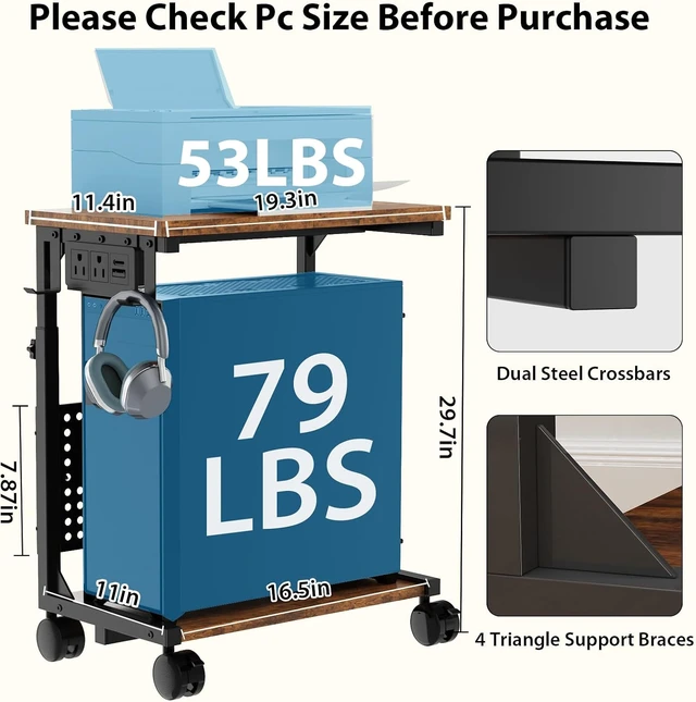 Alt view image 7 of 7 - Adjustable Computer Tower Stand with Charging Station & Pegboard, Heavy Duty PC Gaming Stand Tower with Wheels, 22.6"-29.7" H, Gaming Home Office Flexible Workstation Cart with 4 Hooks - Brown