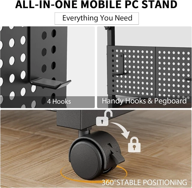 Alt view image 3 of 7 - Adjustable Computer Tower Stand with Charging Station & Pegboard, Heavy Duty PC Gaming Stand Tower with Wheels, 22.6"-29.7" H, Gaming Home Office Flexible Workstation Cart with 4 Hooks - Brown