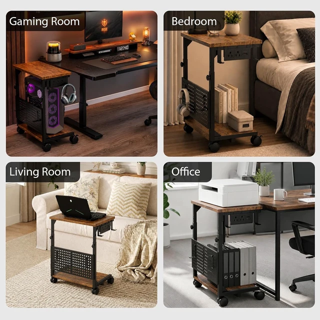 Alt view image 2 of 7 - Adjustable Computer Tower Stand with Charging Station & Pegboard, Heavy Duty PC Gaming Stand Tower with Wheels, 22.6"-29.7" H, Gaming Home Office Flexible Workstation Cart with 4 Hooks - Brown
