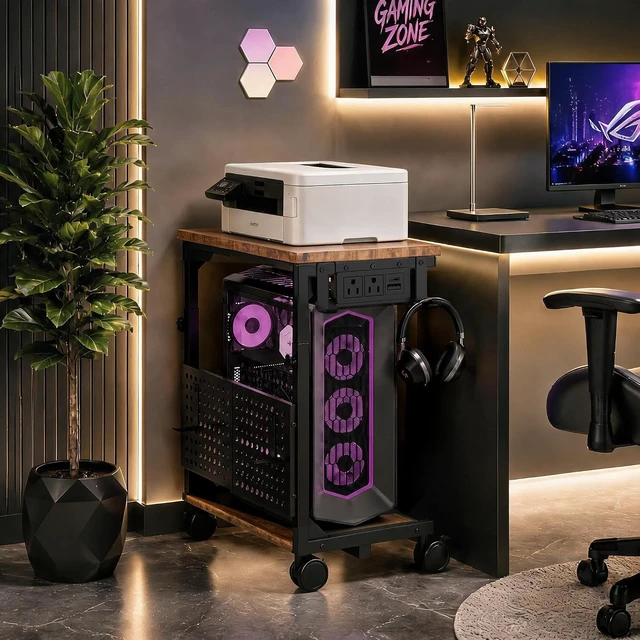Alt view image 6 of 7 - Adjustable Computer Tower Stand with Charging Station & Pegboard, Heavy Duty PC Gaming Stand Tower with Wheels, 22.6"-29.7" H, Gaming Home Office Flexible Workstation Cart with 4 Hooks - Brown