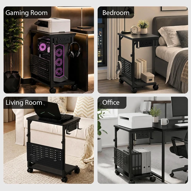 Alt view image 2 of 7 - Adjustable Computer Tower Stand with Charging Station & Pegboard, Large Heavy Duty PC Gaming Stand Tower with Wheels, 22.6"-32" H, Gaming Home Office Flexible Workstation Cart with 4 Hooks,Black