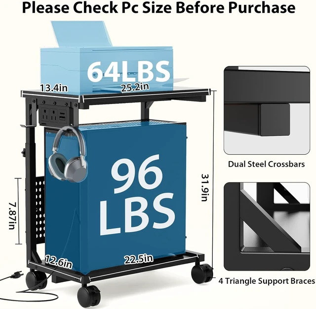 Alt view image 6 of 7 - Adjustable Computer Tower Stand with Charging Station & Pegboard, Large Heavy Duty PC Gaming Stand Tower with Wheels, 22.6"-32" H, Gaming Home Office Flexible Workstation Cart with 4 Hooks,Black
