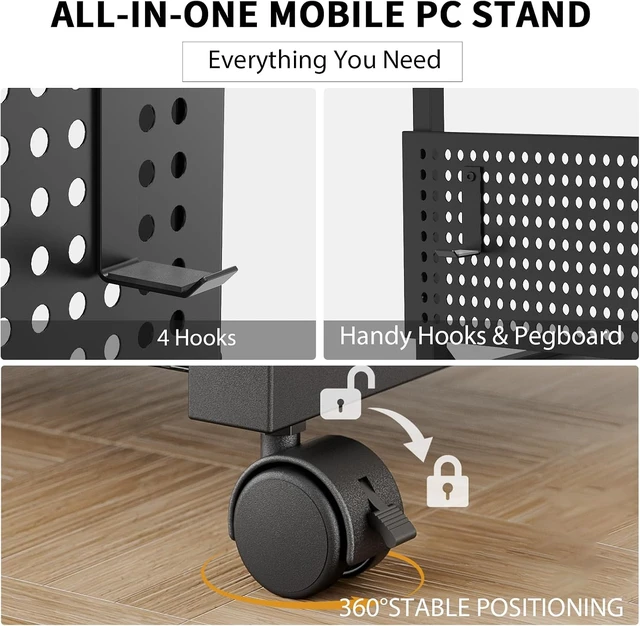 Alt view image 4 of 7 - Adjustable Computer Tower Stand with Charging Station & Pegboard, Large Heavy Duty PC Gaming Stand Tower with Wheels, 22.6"-32" H, Gaming Home Office Flexible Workstation Cart with 4 Hooks,Black