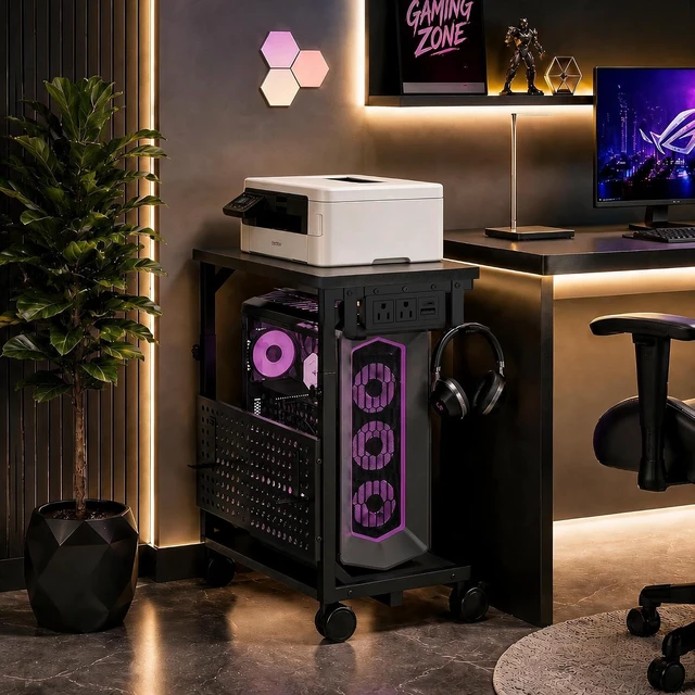 Alt view image 3 of 7 - Adjustable Computer Tower Stand with Charging Station & Pegboard, Large Heavy Duty PC Gaming Stand Tower with Wheels, 22.6"-32" H, Gaming Home Office Flexible Workstation Cart with 4 Hooks,Black