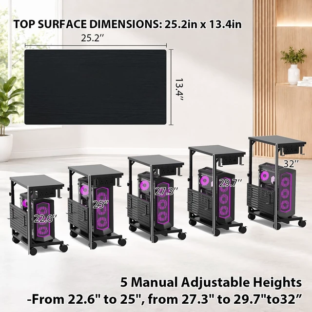Alt view image 5 of 7 - Adjustable Computer Tower Stand with Charging Station & Pegboard, Large Heavy Duty PC Gaming Stand Tower with Wheels, 22.6"-32" H, Gaming Home Office Flexible Workstation Cart with 4 Hooks,Black