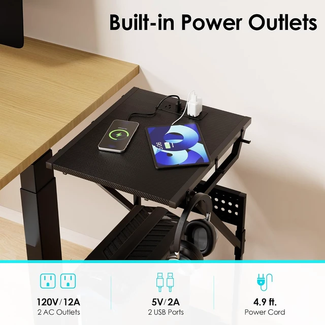 Alt view image 3 of 7 - 19.7" - 27.5"H Adjustable Computer Tower Stand, with RGB LED Light & Outlet, PC Stand for Carpet and Floor, 6 Side Hooks, 4 Silent Rolling Wheels, Mobile PC Cart for Full-Tower Gaming PC & Home Office