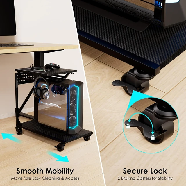 Alt view image 6 of 7 - 19.7" - 27.5"H Adjustable Computer Tower Stand, with RGB LED Light & Outlet, PC Stand for Carpet and Floor, 6 Side Hooks, 4 Silent Rolling Wheels, Mobile PC Cart for Full-Tower Gaming PC & Home Office