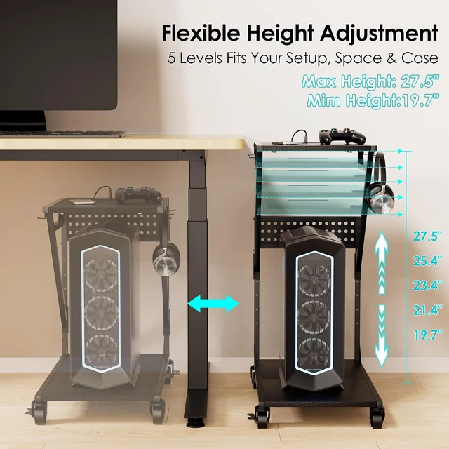 Alt view image 2 of 7 - 19.7" - 27.5"H Adjustable Computer Tower Stand, with RGB LED Light & Outlet, PC Stand for Carpet and Floor, 6 Side Hooks, 4 Silent Rolling Wheels, Mobile PC Cart for Full-Tower Gaming PC & Home Office