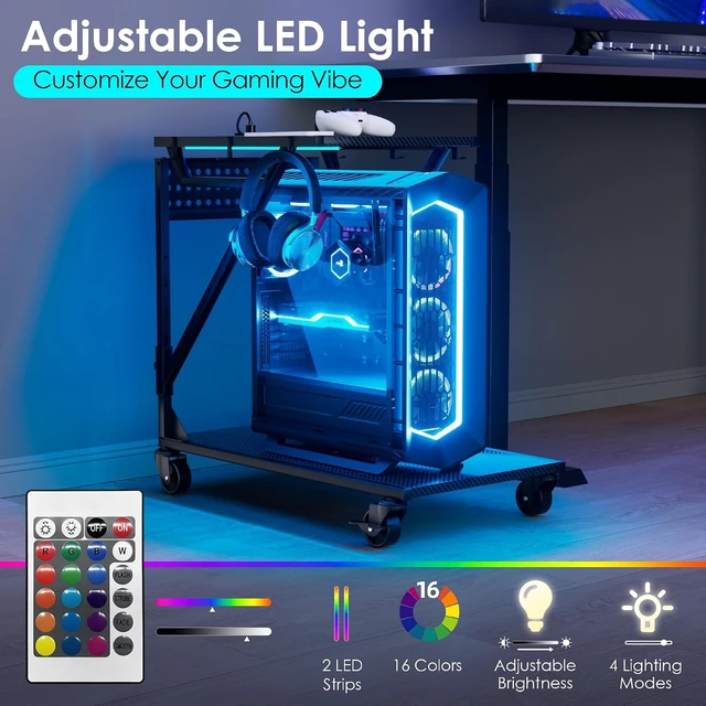 Alt view image 4 of 7 - 19.7" - 27.5"H Adjustable Computer Tower Stand, with RGB LED Light & Outlet, PC Stand for Carpet and Floor, 6 Side Hooks, 4 Silent Rolling Wheels, Mobile PC Cart for Full-Tower Gaming PC & Home Office