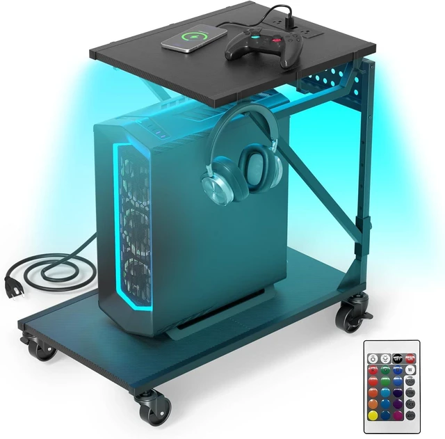 Main image of 19.7" - 27.5"H Adjustable Computer Tower Stand, with RGB LED Light & Outlet, PC Stand for Carpet and Floor, 6 Side Hooks, 4 Silent Rolling Wheels, Mobile PC Cart for Full-Tower Gaming PC & Home Office