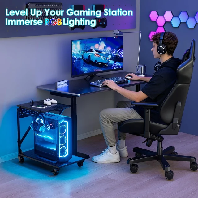 Alt view image 7 of 7 - 19.7" - 27.5"H Adjustable Computer Tower Stand, with RGB LED Light & Outlet, PC Stand for Carpet and Floor, 6 Side Hooks, 4 Silent Rolling Wheels, Mobile PC Cart for Full-Tower Gaming PC & Home Office