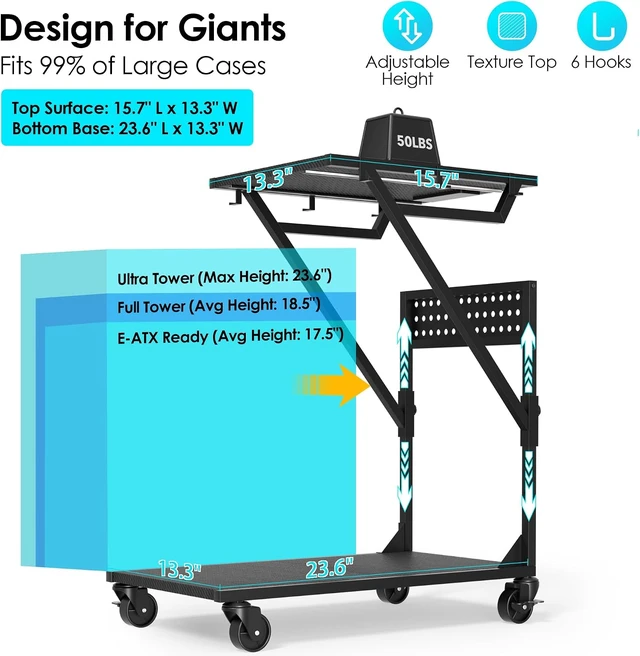 Alt view image 5 of 7 - 19.7" - 27.5"H Adjustable Computer Tower Stand, with RGB LED Light & Outlet, PC Stand for Carpet and Floor, 6 Side Hooks, 4 Silent Rolling Wheels, Mobile PC Cart for Full-Tower Gaming PC & Home Office