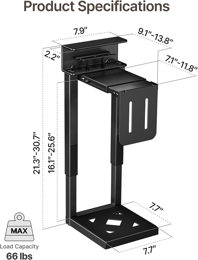 Alt view image 7 of 7 - Under Desk PC Mount, Fits 16.1-25.6" PC Cases, Max 66lbs, No-drill CPU holder for standing desks, heavy-duty frame, fits most mid & full towers, adjustable fit and space-saving, Black