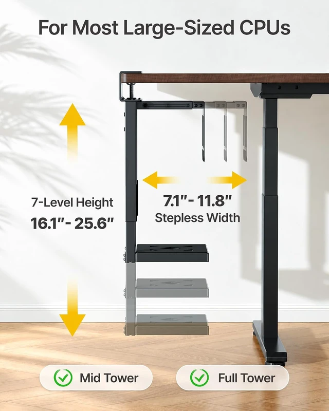 Alt view image 2 of 7 - Under Desk PC Mount, Fits 16.1-25.6" PC Cases, Max 66lbs, No-drill CPU holder for standing desks, heavy-duty frame, fits most mid & full towers, adjustable fit and space-saving, Black