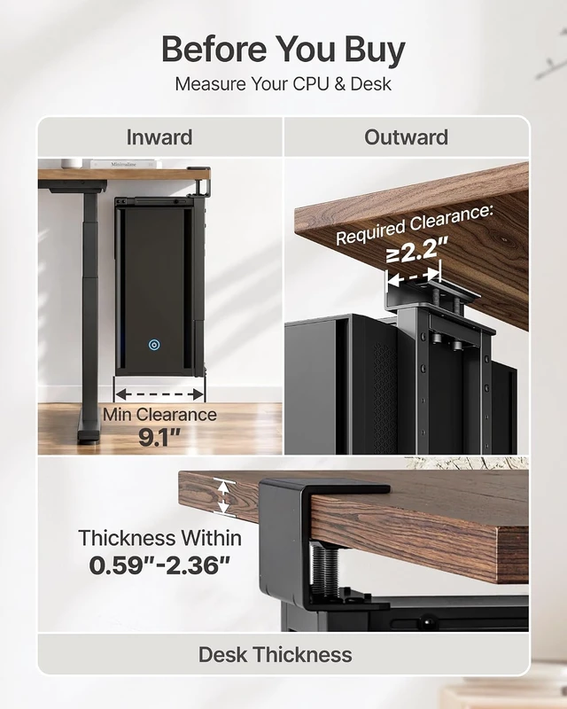 Alt view image 5 of 7 - Under Desk PC Mount, Fits 16.1-25.6" PC Cases, Max 66lbs, No-drill CPU holder for standing desks, heavy-duty frame, fits most mid & full towers, adjustable fit and space-saving, Black