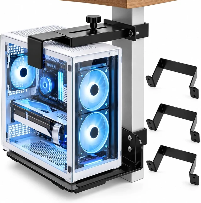 Alt view image 2 of 7 - Under Desk PC Mount for Standing Desk, Adjustable Computer Tower Holder with 3 Desk Leg Brackets, No-Drill Clamp-On CPU Mount, Metal PC Tower Support for Gaming and Office, Black