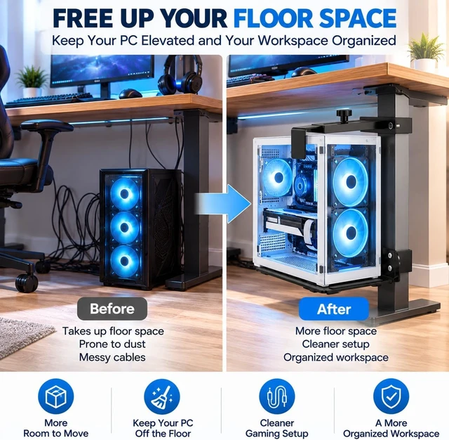 Alt view image 4 of 7 - Under Desk PC Mount for Standing Desk, Adjustable Computer Tower Holder with 3 Desk Leg Brackets, No-Drill Clamp-On CPU Mount, Metal PC Tower Support for Gaming and Office, Black