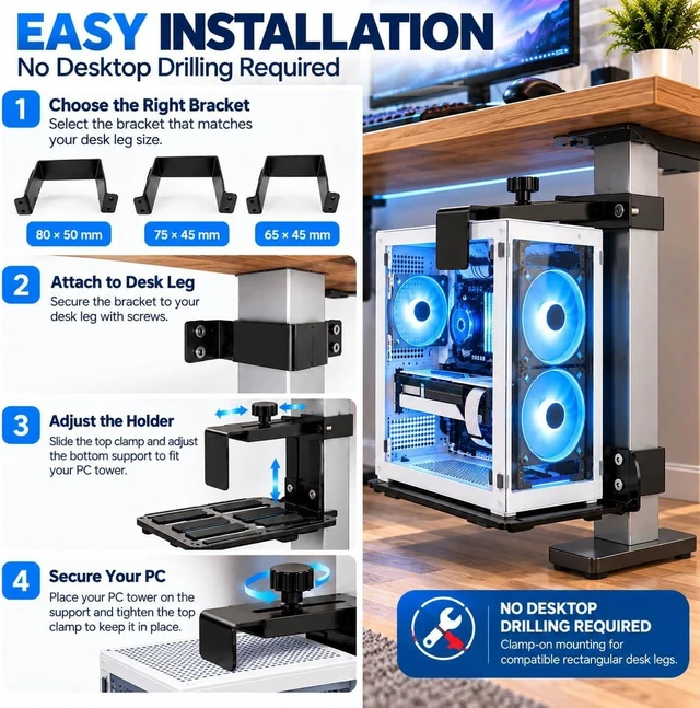 Alt view image 6 of 7 - Under Desk PC Mount for Standing Desk, Adjustable Computer Tower Holder with 3 Desk Leg Brackets, No-Drill Clamp-On CPU Mount, Metal PC Tower Support for Gaming and Office, Black