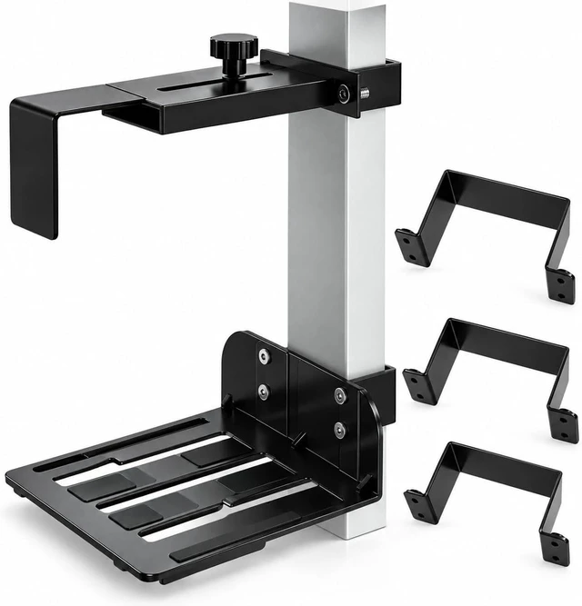 Main image of Under Desk PC Mount for Standing Desk, Adjustable Computer Tower Holder with 3 Desk Leg Brackets, No-Drill Clamp-On CPU Mount, Metal PC Tower Support for Gaming and Office, Black
