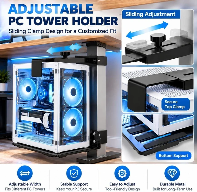 Alt view image 5 of 7 - Under Desk PC Mount for Standing Desk, Adjustable Computer Tower Holder with 3 Desk Leg Brackets, No-Drill Clamp-On CPU Mount, Metal PC Tower Support for Gaming and Office, Black