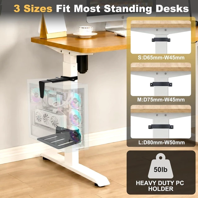 Alt view image 3 of 7 - Under Desk Pc Mount for Standing | No Drill Pc Holder Under Desk CPU Holder, Computer Tower Stand Mount CPU Holder Pc Under Desk Mount Clamp Heavy Duty 44lb Capacity Fits 3 Fixed Table Leg Sizes Black