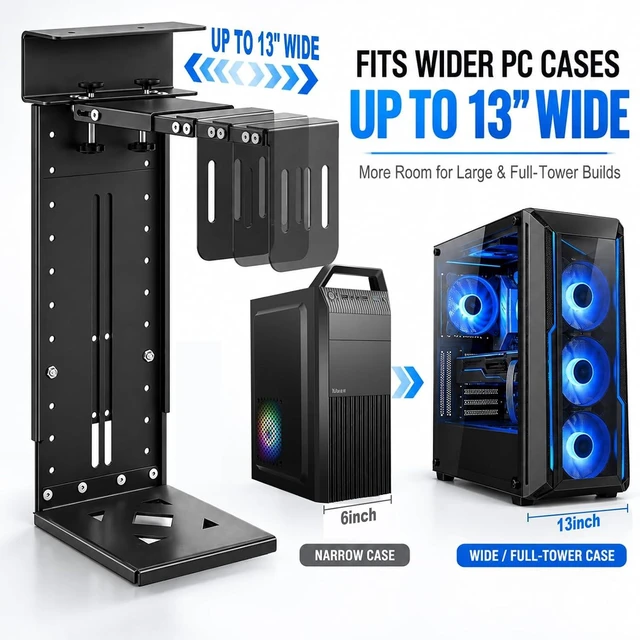 Alt view image 6 of 6 - Extra Wide Under Desk PC Mount - Fits Cases up to 13.5", Extra wide width fits cases up to 13.5", heavy duty steel, height adjustable, NO drill under desk PC mount.