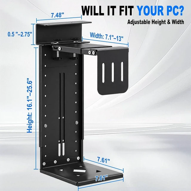 Alt view image 2 of 6 - Extra Wide Under Desk PC Mount - Fits Cases up to 13.5", Extra wide width fits cases up to 13.5", heavy duty steel, height adjustable, NO drill under desk PC mount.