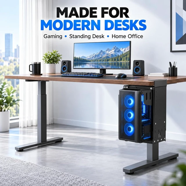 Alt view image 5 of 6 - Extra Wide Under Desk PC Mount - Fits Cases up to 13.5", Extra wide width fits cases up to 13.5", heavy duty steel, height adjustable, NO drill under desk PC mount.